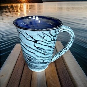 Signed Studio Art Ceramic Mug Blue Black Swirl Design Coffee Tea Cup Unique Art